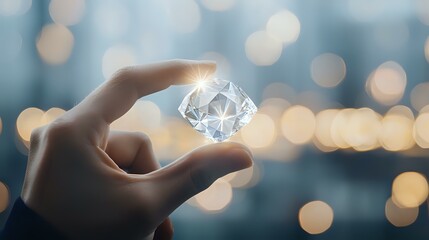 Poster - Glowing crystal held between fingers against blurred bokeh lights background, creating magical atmosphere with soft illumination and ethereal glow effect.