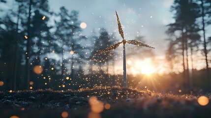 Poster - Magical forest scene at sunset with glowing bokeh lights and silhouetted grass blade against sunburst, creating dreamy atmospheric nature photography.