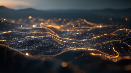 Aufkleber - Abstract glowing golden waves and particles on dark background with bokeh effect create futuristic network visualization pattern.