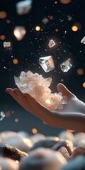 Poster - Magical crystalline formation floating above feminine hand against dark background with glowing bokeh lights and sparkles, creating ethereal atmosphere.