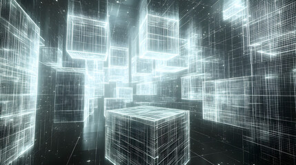 Wall Mural - An immersive digital 3D-rendered scene depicting glowing wireframe cubes floating in a cybernetic space