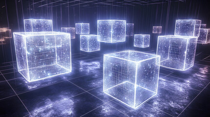 Wall Mural - A visually striking digital illustration of glowing neon cubes interconnected in a high-tech environment