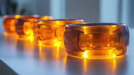 Poster - three glowing amber glass bowls lined up on a white surface, with soft light illuminating the backgr