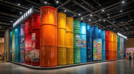Poster - vibrant colorful art installation featuring large cylindrical structures in modern gallery space
