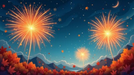 A vibrant and majestic depiction of autumnal fireworks
