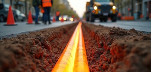 Underground cable installation on city street. Trench with orange glowing conduit. Construction equipment, truck, workers maintanance on road. Urban fiber optic network solution. Contractor repair