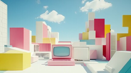 Poster - Vibrant geometric landscape featuring retro computers amidst colorful abstract structures