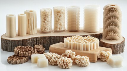 Poster - various intricate wax sculptures displayed on a wooden base, showcasing unique textures and forms