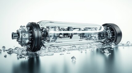 Poster - transparent futuristic device surrounded by water droplets on a reflective surface