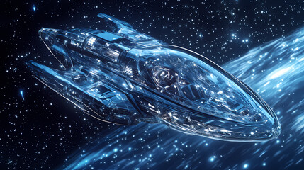Wall Mural - futuristic transparent spaceship floating in deep space with starlit reflections. starlit reflection