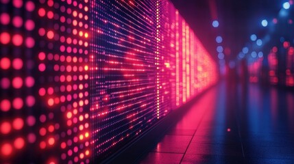 Poster - vibrant led wall display illuminating a modern urban corridor with people in motion