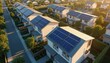 © Vadym - Aerial view shows houses row with rooftop solar panels in suburb. Clean energy, renewable source. Sustainable photovoltaic system converts sunlight to electricity. Eco neighborhood with modern
