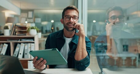 Leinwandbilder - Tablet, phone call and businessman in office with email for company budget account with communication. Happy, night and male financial manager on mobile discussion for report with technology.