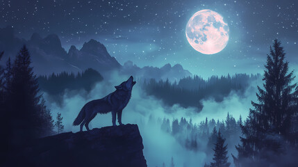 Majestic wolf howling under a moonlit sky in a misty forest landscape at dawn, capturing the essence of wilderness and freedom. Moonlit Essence. Illustration
