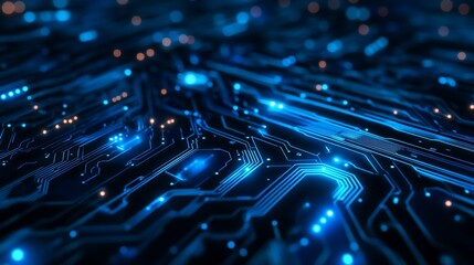 Poster - Abstract Futuristic Circuit Board Technology Background: Glowing Blue Lines and Nodes on a Dark Surface