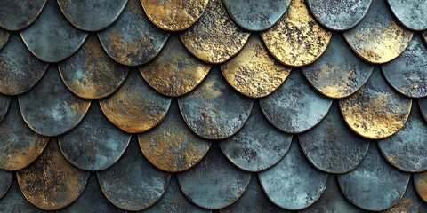 Poster - Textured Metal Scales Arranged in Overlapping Rows With a Blend of Gold and Blue Hues From an Artistic Perspective