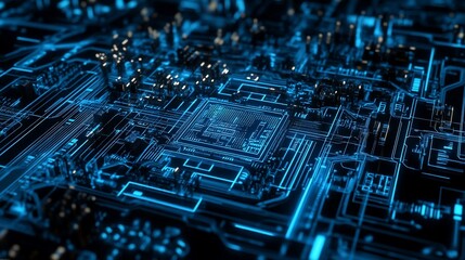 Aufkleber - Abstract Futuristic Circuit Board Design Glowing Blue Lines and Technology Digital Microchip