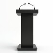 © Vadym - Black podium with attached microphones on white background. Lectern for public speaking, modern minimalist design. Stage for speech, presentation, conference, seminar event. Orator furniture formal