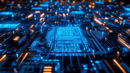 Poster - Abstract Digital Circuit Board Glowing with Blue and Orange Lights Futuristic Technology Background
