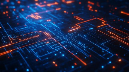 Fototapete - Abstract Digital Circuit Board Glowing Lines Network Technology Background