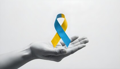Poster - A hand presents a blue and yellow ribbon, the symbol of World Down Syndrome Day