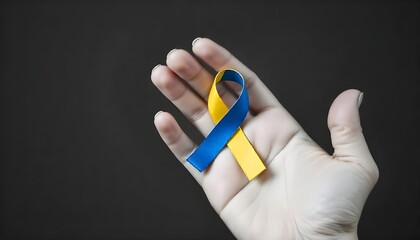 Poster - A hand presents a blue and yellow ribbon, the symbol of World Down Syndrome Day