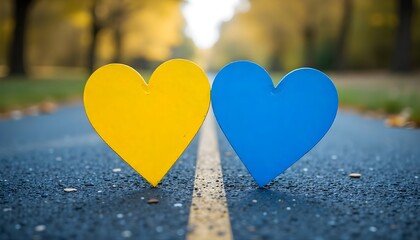 Poster - Two yellow and blue hearts, separated by a road line, symbolize support for individuals with Down syndrome