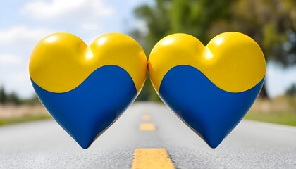 Poster - Two yellow and blue hearts, separated by a road line, symbolize support for individuals with Down syndrome