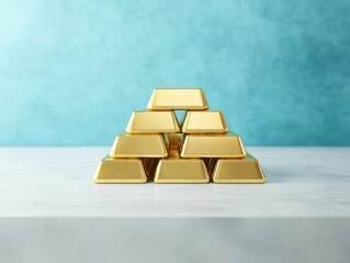 Poster - Glistening Gold Bars Neatly Stacked on a Smooth White Surface Evoking Wealth Luxury and Opulence in a Minimalist and Elegant Presentation Style
