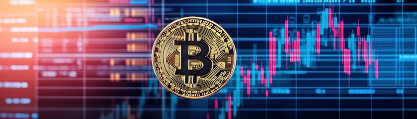 Fototapete - Illuminated Bitcoin on a High-Tech Digital Screen Representing Cryptocurrency Innovation and Modern Financial Trends in a Futuristic Environment