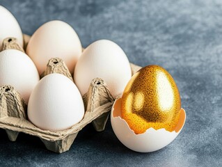 Poster - A Unique Golden Egg Nestled Among Ordinary White Eggs in a Carton Creating an Intriguing Contrast and Evoking Themes of Surprise and Discovery