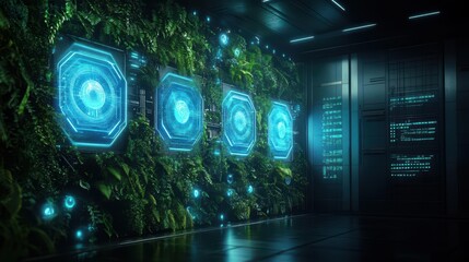 Poster - Modern Room Featuring Vibrant Green Wall with Large Screen Displaying Futuristic Interface Creating a High-Tech and Innovative Atmosphere for Ideas
