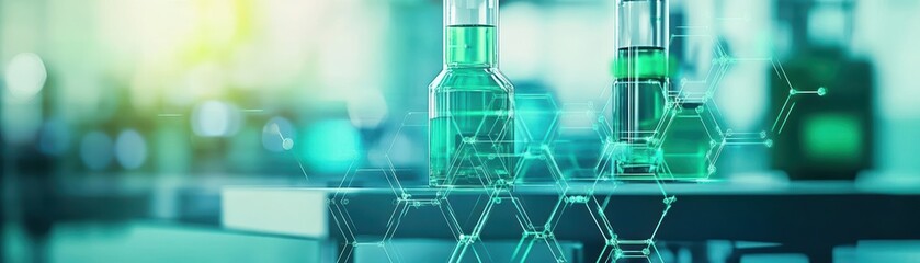 Poster - Vibrant Glass Test Tube Containing Luminous Green Liquid Set Against a Clinical Laboratory Background Evoking Scientific Exploration and Discovery