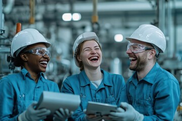 Poster - Three Diverse Workers Joyfully Engaged Around a Tablet in a Bright Collaborative Office Space Creating a Lively Atmosphere of Teamwork and Innovation