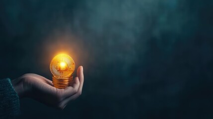 Poster - A Hand Grasping a Brightly Glowing Light Bulb Symbolizing Innovation and Creativity in a Dimly Lit Environment Evoking Inspiration and Possibility