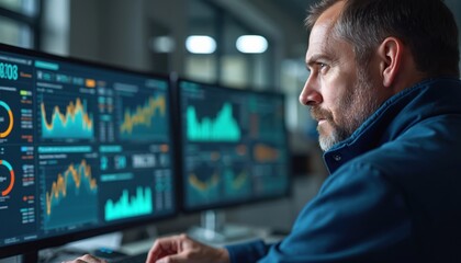 Poster - Manager monitors metrics, financial data on computer dashboard. Man analyzes graphs, charts, diagrams. Investment analysis, project management. Business strategy, software. Trader works in office.