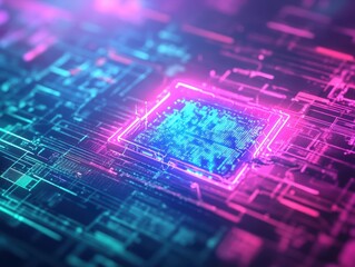 Fototapete - Detailed Closeup of a Computer Chip on a Circuit Board Showcasing Intricate Patterns and Connection Points Highlighting Technology and Innovation Themes