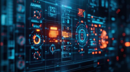 Poster - Futuristic Digital Interface Displaying Vibrant Glowing Blue and Red Lights Against a Dark Background Evoking a Sense of Innovation and Technology