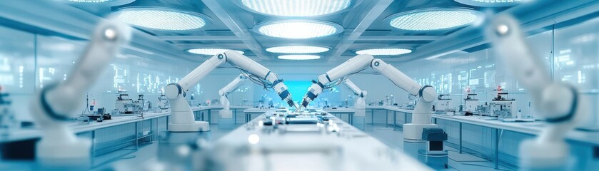 Poster - Brightly Lit Laboratory Interior with Sleek Workspaces and Modern Equipment Ideal for Scientific Research and Innovative Experiments in Progress