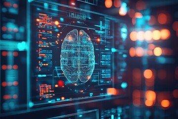 Poster - Detailed Computer Screen Displaying Colorful Brain Scan Image in Medical Office Setting Reflecting Advanced Technology and Neurological Analysis