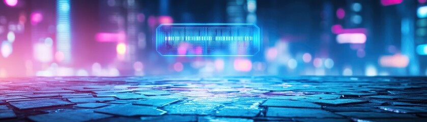 Poster - Futuristic Cityscape Illuminated by Vibrant Blue and Pink Lights Creating a Dreamlike Atmosphere with Modern Architecture and Neon Reflections