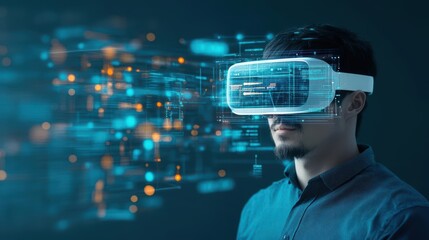 Poster - A man immersed in a captivating virtual reality experience wearing a headset in a modern environment showcasing technology and digital exploration