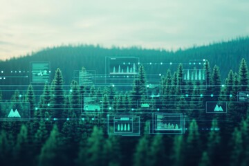 Poster - Enchanting Forest Scene Merged with Futuristic Digital Interface Creating a Unique Blend of Nature and Technology in a Tranquil Environment
