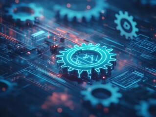 Fototapete - Futuristic Blue and Black Computer Circuit Featuring a Radiant Gear Symbol Representing Innovation Technology and Advanced Engineering Concepts