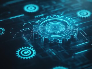 Poster - Abstract Composition Featuring Interlocking Gears on a Deep Blue and Black Background Evoking a Sense of Mystery and Intricacy in Mechanical Design