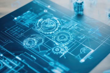 Poster - Intricate Blueprint Drawing Featuring Interlocking Gears Illustrating Mechanical Engineering Concepts in a Detailed and Technical Design Style