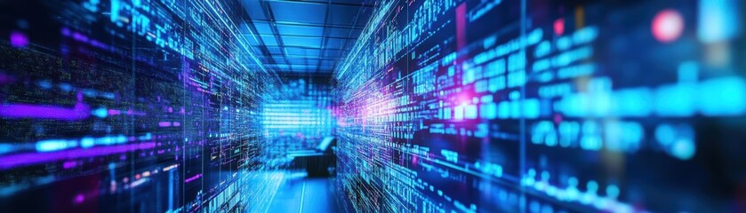 Poster - A solitary man navigating through a futuristic tunnel filled with flowing streams of data and vibrant digital patterns symbolizing knowledge and technology