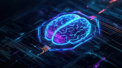 Poster - Futuristic Concept of a Brain Intertwined with Circuitry Illuminated by Neon Lights Representing Technology and Intelligence in a Modern Digital World