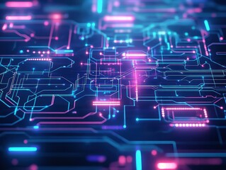 Fototapete - Futuristic Circuit Board Illuminated with Glowing Blue and Pink Lights Creating a Vibrant and Dynamic Atmosphere Ideal for Technology Themes and Designs