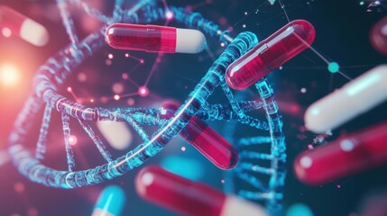 Poster - Intricate DNA Molecule Intertwined with Vibrant Red and White Pills Symbolizing the Intersection of Science and Health in a Captivating Visual Display